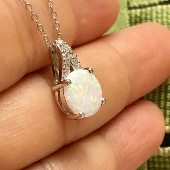 Fire Opal Necklace Round White Opal Pendant, Minim - Picture 5 of 8